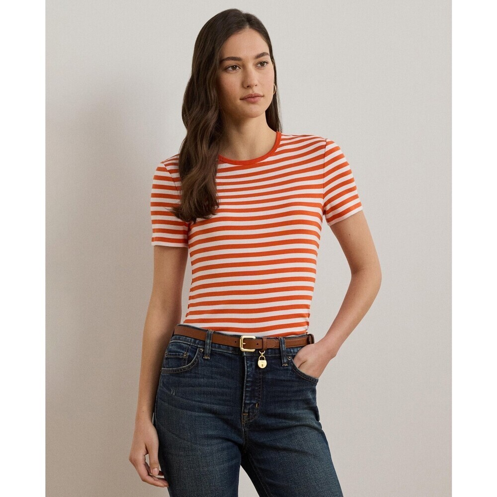 Lauren Ralph Lauren Tee Women's M Pink Striped Relaxed Fit Everyday Wear RED1217